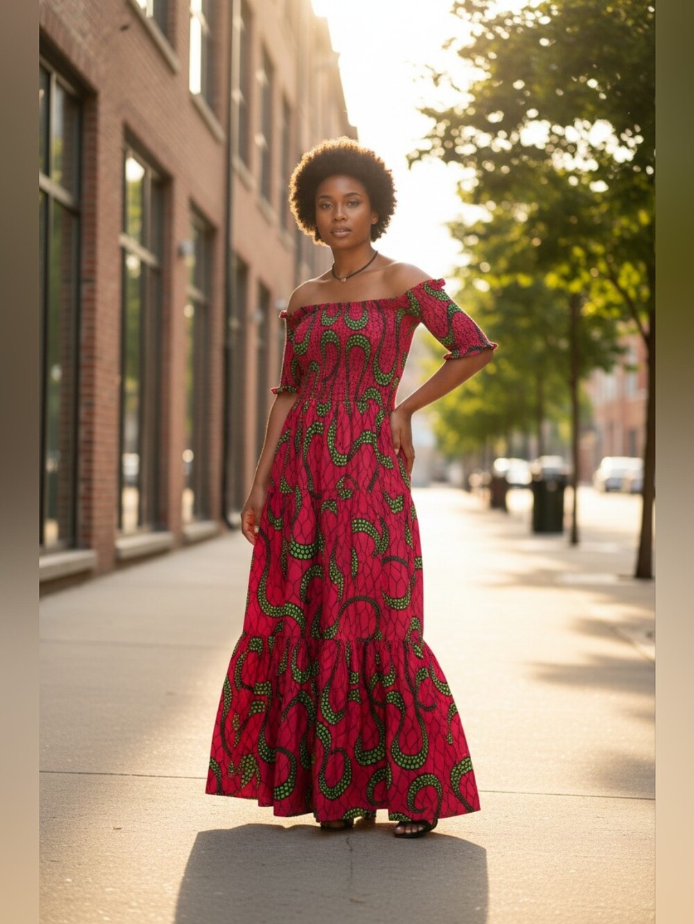 Off-Shoulder Pink & Green Maxi Dress with Headwrap